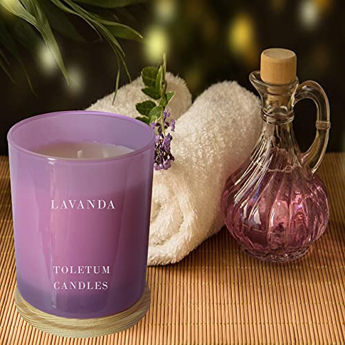 TOLETUM CANDLES Vela Aromática, Vela Perfumada de Lavanda (230g.) Vela Grande, En Vaso de Cristal, Cera de Soja Natural, Vegana, Velas Aromáticas Regalo, Larga Duración.