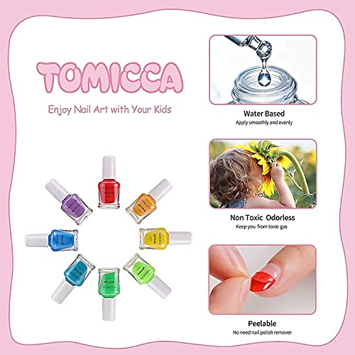 TOMICCA Kit de manicura para niños, Rainbow Candy Colors no tóxicos, Esmalte de uñas natural seguro sin olor lavable, juego de esmalte de uñas de secado rápido, juguetes para niños, Regalos para niñas