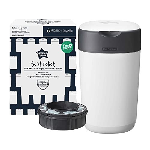 Tommee Tippee - Contenedor para Pañales Avanzado Twist and Click, Nuevo Sistema Ecológico, Incluye 1 Recambio con Película Greenfilm Antibacteriana y Sostenible, Unisex, Blanco