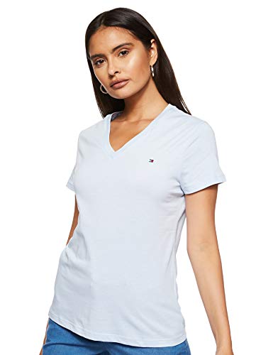 Tommy Hilfiger V-Neck T Camiseta de Manga Corta con Cuello de Pico y Logo en el Pecho, Breezy Blue, 32 (Talla del Fabricante: XX-Small) para Mujer