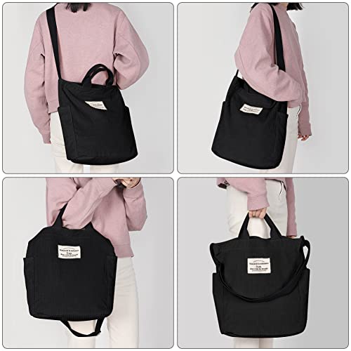 Topretty Bolso de mano grande de pana, bandolera de pana de moda, bolso de hombro tipo bandolera, bolso de mano informal con cremallera y bolsillo exterior, niñas (negro)