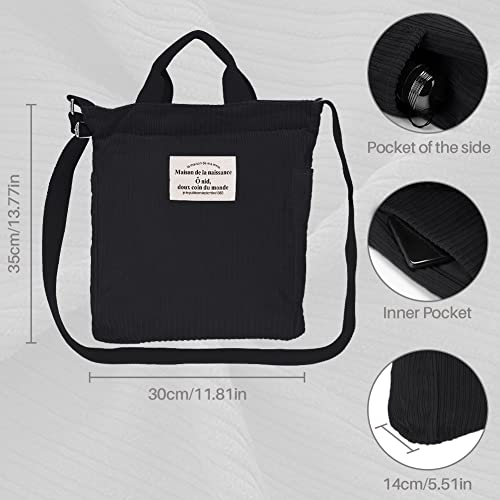 Topretty Bolso de mano grande de pana, bandolera de pana de moda, bolso de hombro tipo bandolera, bolso de mano informal con cremallera y bolsillo exterior, niñas (negro)