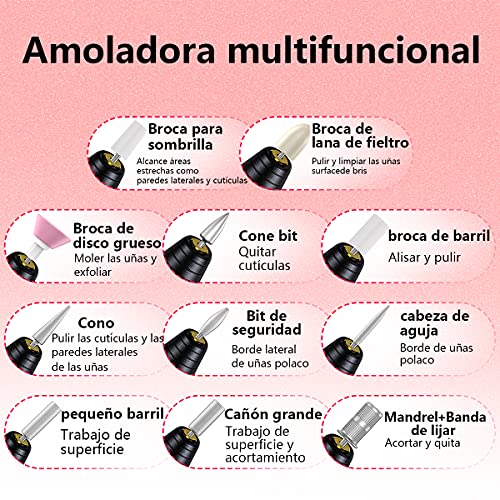 Torno para Uñas, Kit Para Uñas de Profesional USB Lima Electrica Uñas con Set de 11 Piezas de Brocas para Uñas de, Manicura y Pedicura Salón de Belleza en Casa (Negro)