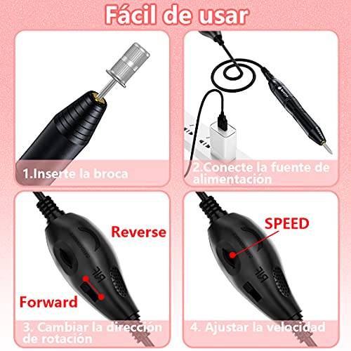 Torno para Uñas, Kit Para Uñas de Profesional USB Lima Electrica Uñas con Set de 11 Piezas de Brocas para Uñas de, Manicura y Pedicura Salón de Belleza en Casa (Negro)