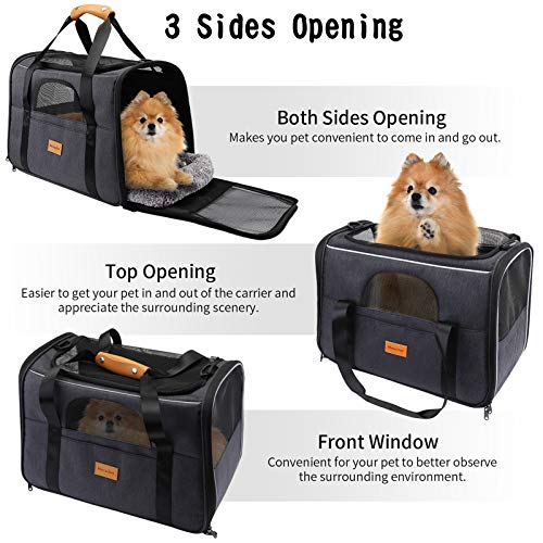 Transportín Perro Gato, Bolsa de Transporte Transpirable para Mascotas, Portador de Viaje con Correa de Hombro Ajustable, Transporte de Gato con Colchón Suave + Tazón Plegable (18 * 12.5 * 14 Inch)