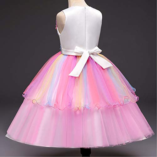 TTYAOVO Chicas Arco Iris Unicornio Fancy Vestido Princesa Flor Desfile de Niños Vestidos sin Mangas Volantes Vestido de Fiesta Talla(150) 9-10 años 439 Rosa