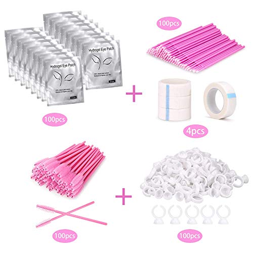 TwoWin 100Pcs Parches Extensiones de Pestañas Almohadillas de Gel, 100Pcs Cepillos para Pestañas para los Ojos, 100Pcs Anillos para Extensiones de Ojos, 100pcs Pinceles Micro Aplicadores, 4pcs Cinta