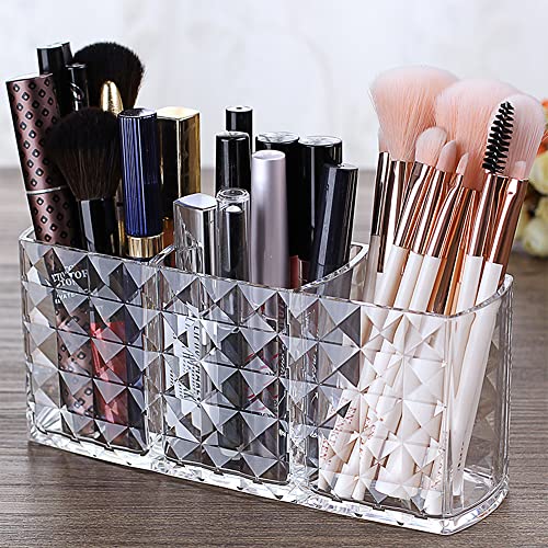 Ubitree Maquillaje Brochas Organizador para Baño Dormitorio Escritorio de Oficina, 3 Ranuras Cristal Acrílico para Almacenamiento Cosméticos para Brochas de Maquillaje Lápiz Labial Delineadores Ojos