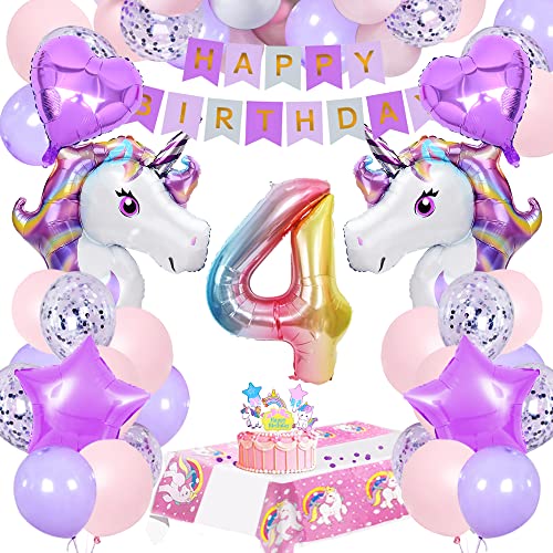 Unicornio Decoración Cumpleaños 4 Años,Globo de Unicornio Globos Fiesta Decoracion Cumpleaños Niña con Globo rosa,Cake Topper,Banner Feliz Cumpleaño,Mantel de unicornio para decoración de cumpleaños