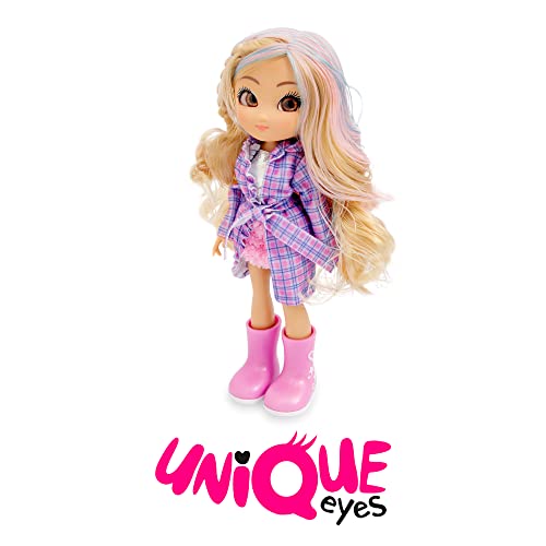 Unique Eyes - Muñeca Rebecca, Fashion Doll, Mirada mágica, Ojos Que te siguen, Grandes y Marrones, Tiene el Pelo Largo y Rubio y un Look a la Moda, 3 Modelos Diferentes, +3 años, Famosa (MYM00300)