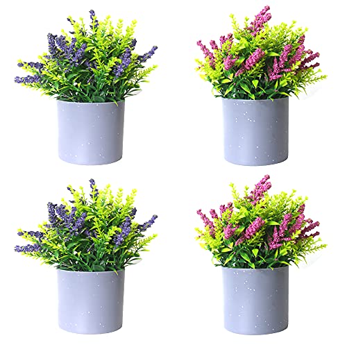 UNISHOP Set de 4 Macetas con Flores Artificiales, Pequeñas Plantas Decorativas para Interior (Gris)