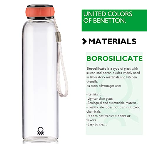 UNITED COLORS OF BENETTON. Set de 3 unidades de botella de agua 550ml borosilicato tapa roja Casa Benetton, 550 ml c/u