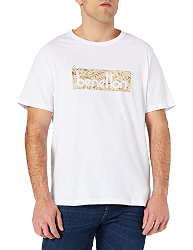 United Colors of Benetton (Z6ERJ T-Shirt 3096J17H6 Suéter, Bianco Stampa Logo Multicolore 913, M para Hombre