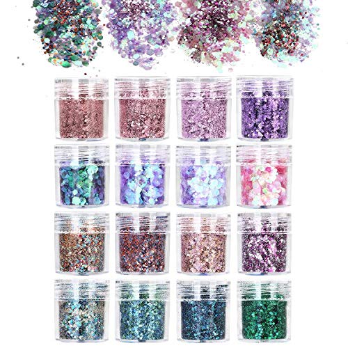 URAQT 16 Colores Purpurinas Polvo, Chunky Glitter Flakes Paillette Brillante Decoración para Cara Maquillaje Pelo Arte Corporal Uñas y Mejilla-A