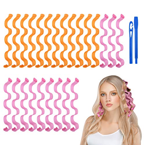 URAQT Rizador de Pelo Mágico, 24 Piezas Rizadores de Pelo de Onda, Rizadores de Pelo Sin Calor en Espiral con Ganchos de Peinado, Rulos para Cabello Kit de Bricolaje para Mujeres y Niñas, 30cm