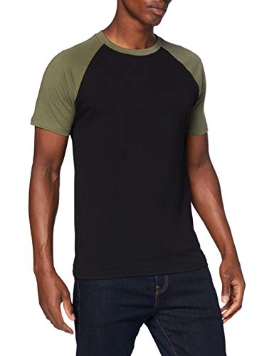 URBAN CLASSICS Camiseta Básica Hombre de Manga a Corta, Cuello Redondo, Algodón, Largo Normal, Estilo Moderno, Color: negro/verde oliva, Talla: L