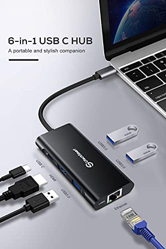 UtechSmart USB-C-Hub, 6-in-1-USB-C-auf-HDMI-Adapter mit 1000 m Ethernet, Power Delivery PD Typ C Ladeanschluss, 3 USB 3.0-Anschlüsse, kompatibel für MacBook Pro, Chromebook, XPS, und USB-C-Geräte