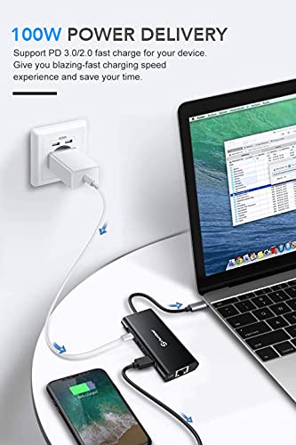 UtechSmart USB-C-Hub, 6-in-1-USB-C-auf-HDMI-Adapter mit 1000 m Ethernet, Power Delivery PD Typ C Ladeanschluss, 3 USB 3.0-Anschlüsse, kompatibel für MacBook Pro, Chromebook, XPS, und USB-C-Geräte