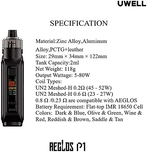 Uwell Aeglos P1 Kit 80W Vape Mod 4ML Cartridge Pod & FeCrAI UN2 Meshed-H Aeglos P1 Coil Vaporizador de cigarrillos electrónicos