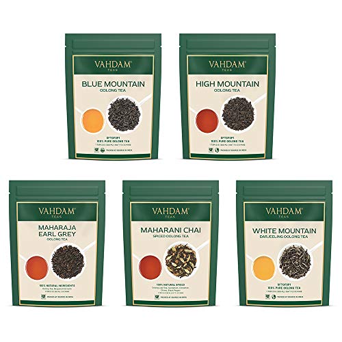 VAHDAM, Muestra De Hojas De Té Oolong - 5 TEAS, 25 porciones | 100% natural té desintoxicante | te azul oolong, te blanco oolong, te conde gris oolong, te Montaña alta oolong, te especiado oolong