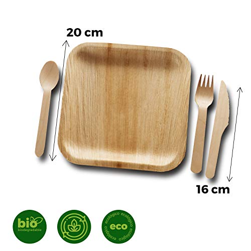 Vajilla desechable de 100 Piezas, 25 Platos de Hoja de Palma Cuadrados de 20 cm, Juego de Cubiertos de Madera Abedul de 25 cucharas, 25 Tenedores y 25 Cuchillos, Rustica, elegante y biodegradable