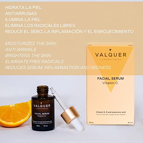 Valquer Laboratorios Serum Facial Vitamina C. Antiarrugas, Anti Acné Y Antioxidante. Con Ácido Hialurónico. Todo Tipo De Pieles Vegano. 91% Ingredientes Naturales, color Único, 30 ml