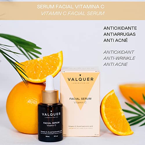 Valquer Laboratorios Serum Facial Vitamina C. Antiarrugas, Anti Acné Y Antioxidante. Con Ácido Hialurónico. Todo Tipo De Pieles Vegano. 91% Ingredientes Naturales, color Único, 30 ml