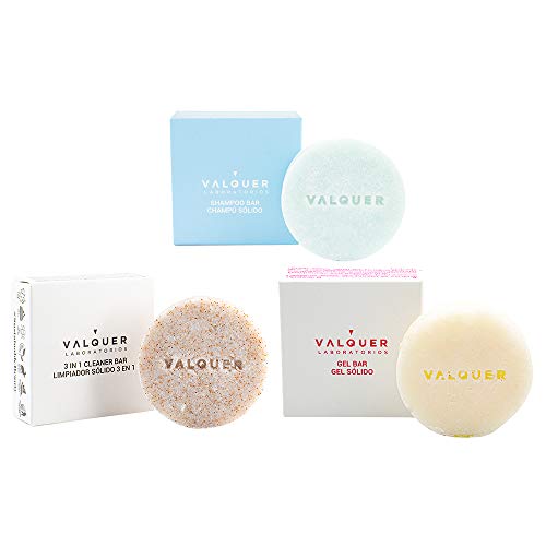 Válquer Pack Cosméticos Sólidos, Champú Sólido Sin Sulfatos Cabello Normal + Limpiador Facial Sólido en 1 + Gel Corporal Sólido Sin Sulfatos para Pieles Sensibles 150 G, 3 Unidades