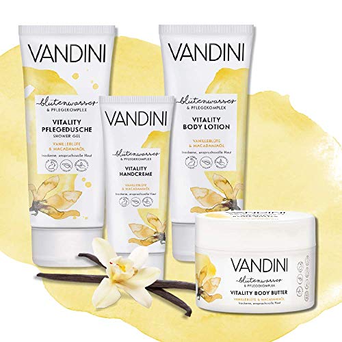 VANDINI Loción corporal revitalizante para mujeres con flor de vainilla y aceite de macadamia - crema para pieles normales a secas - libre de siliconas y parabenos 1x 200 ml