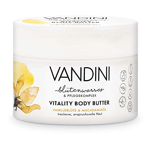 VANDINI Vitality crema corporal con flor de vainilla y aceite de macadamia - crema facial y para el cuerpo para pieles normales a secas - Crema hidratante vegana 1x 200 ml