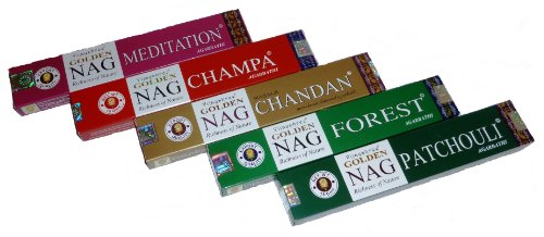Variety Selection Boxes of Golden Nag Choose 4 Packets from Champa, Patchouli, Chandan, Forest, Darshan and Meditation Incense Sticks