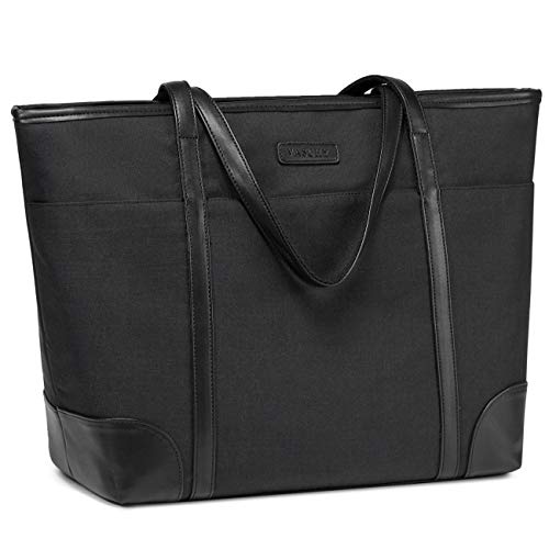 VASCHY Bolsos Mujer, Bolso Tote 15.6 Pulgadas Bolso de Mano Resistente al Agua Bolsa de Lona Encerada Bolsa de Trabajo Vintage con Correa Hombro Desmontable-Negro (Negra)