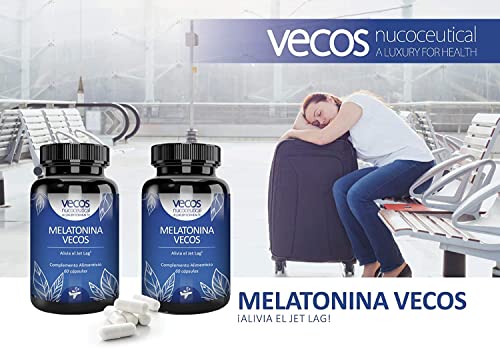 Vecos | Melatonina Pura para Dormir Bien | 60 Cápsulas | Ayuda a Regular el Ciclo Natural del Sueño | Efecto Inmunoestimulador | Propiedades Antioxidantes | Complemento Alimenticio