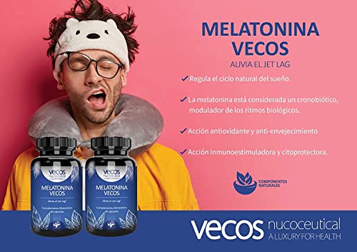 Vecos | Melatonina Pura para Dormir Bien | 60 Cápsulas | Ayuda a Regular el Ciclo Natural del Sueño | Efecto Inmunoestimulador | Propiedades Antioxidantes | Complemento Alimenticio