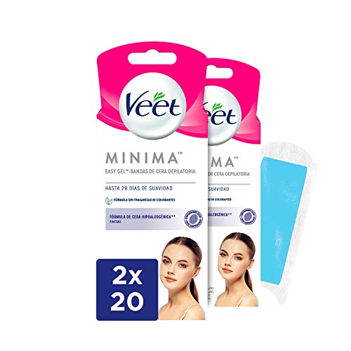 Veet Bandas de Cera Fría Depilatoria para Depilación Facial, Hipoalergénicas para Pieles Sensibles - Duplo Pack 2x20 bandas