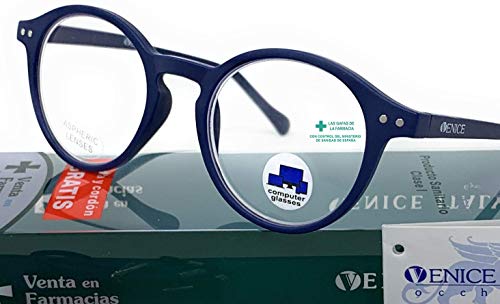 VENICE EYEWEAR OCCHIALI | New Model Gafas de lectura con filtro bloqueo de luz azul para gaming, ordenador, móvil. Anti fatiga Lennon Professional Executive UNISEX venice Azul Marino, 2.00)