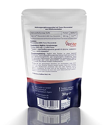 Veri-te™️ Resveratrol | 30 gramos | polvo de resveratrol | pureza > 98% | sin aditivos | fabricado con levadura | de MoleQlar® (30 g)