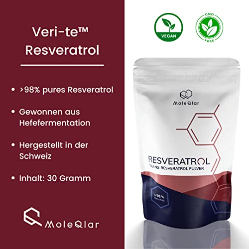 Veri-te™️ Resveratrol | 30 gramos | polvo de resveratrol | pureza > 98% | sin aditivos | fabricado con levadura | de MoleQlar® (30 g)