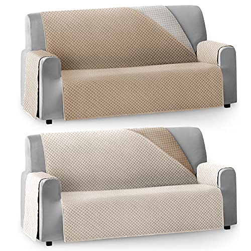 Vipalia Funda Cubre Sofa Acolchado Reversible Bicolor. Fundas para Sofa Invierno Verano. Protector Funda Sofa. Cubresofas Antimanchas. Circulos. Color Beige - Marfil. Funda de Sofa 2 plazas (115 cm)