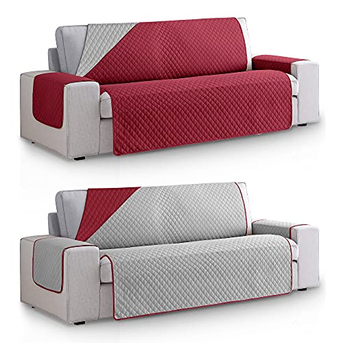 Vipalia Funda Cubre Sofa Acolchado Reversible Bicolor. Fundas para Sofa Invierno Verano. Protector Funda Sofa. Cubresofas Antimanchas. Rombos. Color Granate - Gris. Funda de Sofa 2 plazas (110 cm)