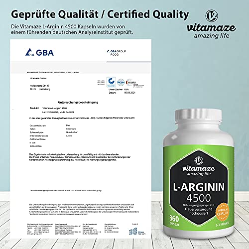 Vitamaze® L-Arginina 4500 mg Altamente Concentrada, 360 Cápsulas, Adecuado para las Personas Alérgicas, Pura Natural L-Arginine HCL sin Aditivos Innecesarios, Calidad Alemana