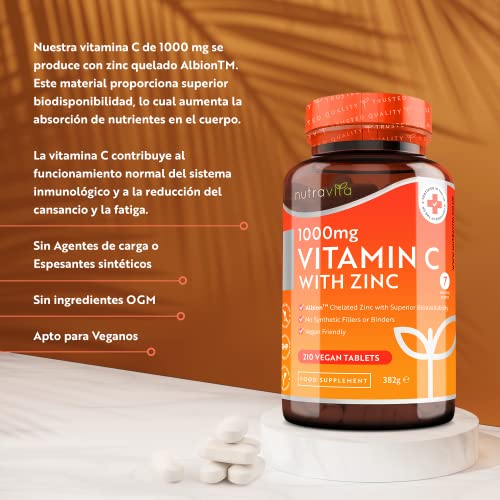 Vitamina C 1000 mg y zinc 15 mg - 210 comprimidos veganos - Albion® Zinc para una mejor absorción - Suplemento de vitamina C y zinc de alta potencia - Mantiene el sistema inmunológico - Nutravita