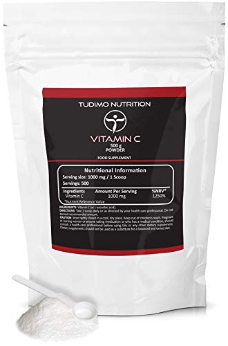 Vitamina C en Polvo 500g | 1000mg por porción | Vegan | Cada dosis con 1000 mg de Vit C Acido L Ascorbico Puro en Polvo en un Paquete Familiar XXL (Vitamin C Powder 500 g Supplement)