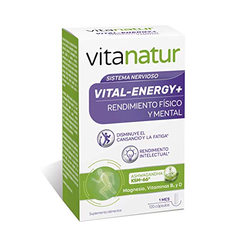 Vitanatur - Vital-Energy+. Complemento Alimenticio a Base de Magnesio, Ashwagandha y Vitaminas B5 y D - Bote con 120 Cápsulas