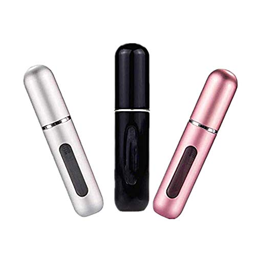 VOARGE 3 vaporizadores de perfume de 5 ml, portátiles, de metal, rellenables, para perfume, atomizador de perfume recargable, mini atomizador de bolsillo (negro, plata, rosa)