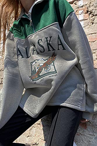 Voqeen Sudadera con Cremallera de Manga Larga para Mujer Alaska Sudadera sin Capucha y Cuello Alto con Estampado de Letras Abrigo de Abrigo Cálido con Contraste Vintage