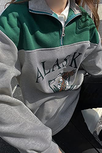 Voqeen Sudadera con Cremallera de Manga Larga para Mujer Alaska Sudadera sin Capucha y Cuello Alto con Estampado de Letras Abrigo de Abrigo Cálido con Contraste Vintage