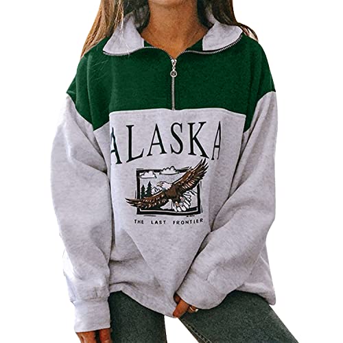 Voqeen Sudadera con Cremallera de Manga Larga para Mujer Alaska Sudadera sin Capucha y Cuello Alto con Estampado de Letras Abrigo de Abrigo Cálido con Contraste Vintage