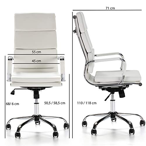 VS Venta-stock Sillón de Oficina Morgan reclinable Blanco, Piel sintética, Silla ejecutiva con reposacabezas y conjín engrosados, Altura Ajustable, Diseño ergonómico