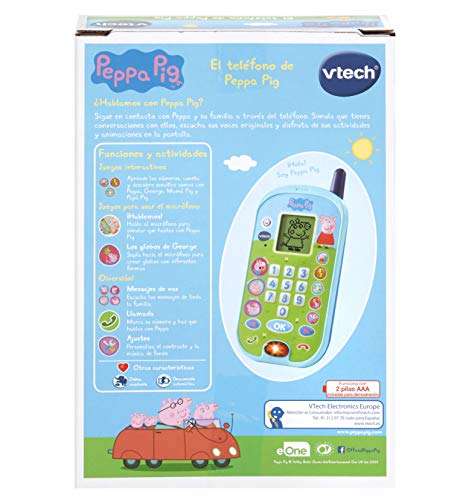 VTech - El teléfono de Peppa Pig, Móvil electrónico interactivo, simula una conversación telefónica, Voces de todos los personajes de la familia, actividades y animaciones, Talla única (3480-523122)